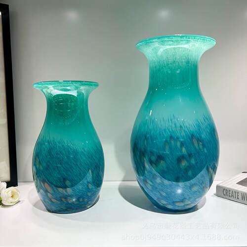新中式渐变孔雀翎手工大口径琉璃花瓶电视柜博古架高级样板间摆件