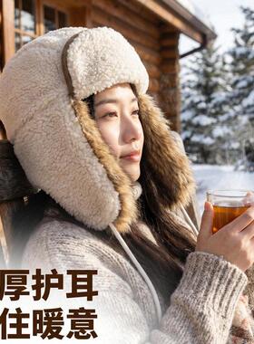 灰色帽子女2026新款今年流行爆款户外加厚雷锋帽仿羊羔毛护耳帽冬
