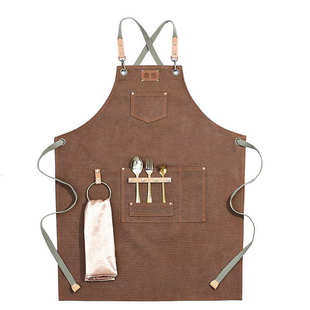 帆布围裙客订LOGO咖啡色印字奶茶店理发师餐饮烘焙加厚帆布工作服