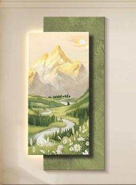 奶油风入户进门玄关装饰画日照金山绿色系砂岩走廊过道壁尽头挂画