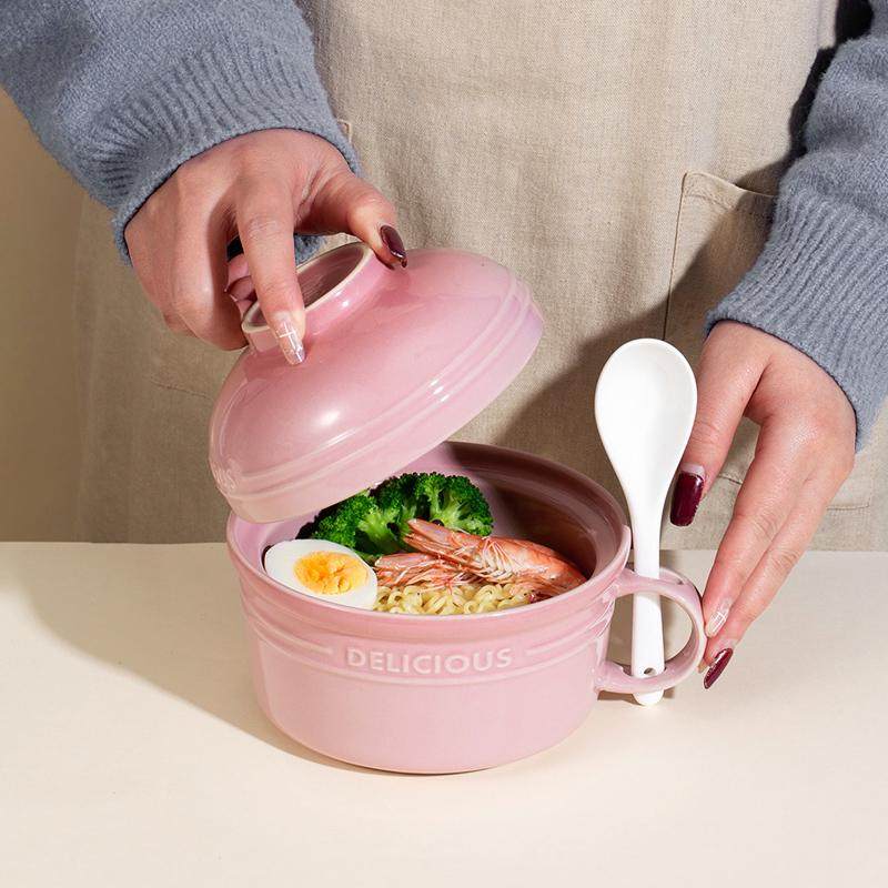 86M0陶瓷泡面碗家用带盖勺碗筷套装学生宿舍用方便面汤碗单个2024