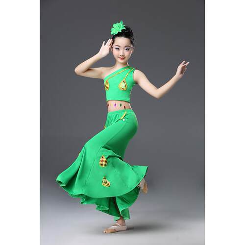 正品新款儿童傣族服舞蹈尾服装孔雀舞演出女童表演服装鱼裙练艺习