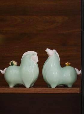 马上发财创意陶瓷生肖小唐马茶宠摆件茶室茶桌茶台装饰吉祥物礼品