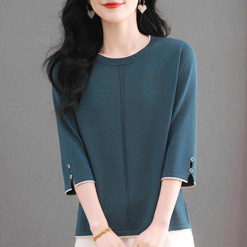 桑蚕丝针织衫中袖上衣女春夏薄款妈妈装宽松遮肚七分袖t恤打底衫