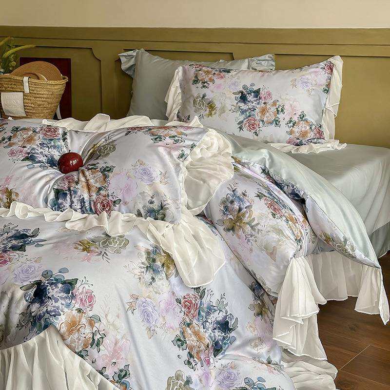 法式油画风花边纯棉四件套轻奢100支贡缎长绒棉床单被套床上用品