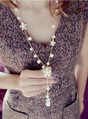 韩国小花毛衣长款珍珠流苏项链