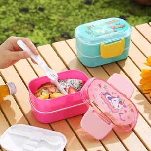 卡通创意儿童双层卡扣饭盒学生食堂打包午餐便当盒便携带餐具叉勺