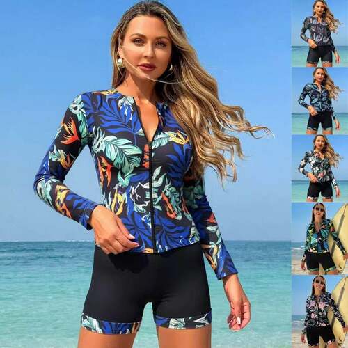 Womens Long Sleeve Zipper Two-Piece Swimsuit Stylish F