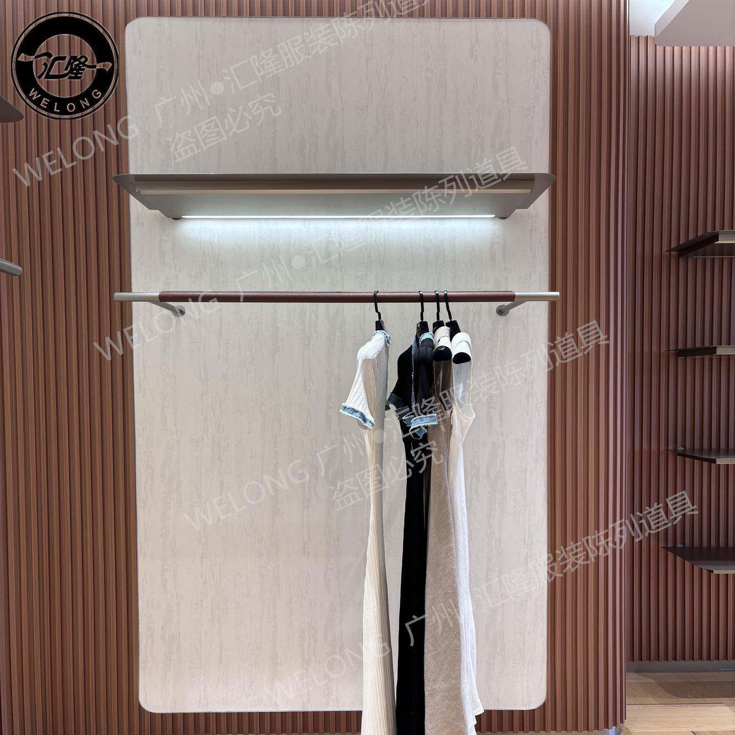 不锈钢老钱风服装店上墙展示架贴皮挂衣架买手店发光鞋包层板架子