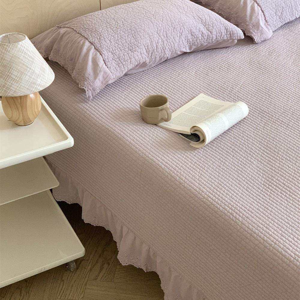 韩风全棉植物酵素染色砂洗床盖三件套荷叶花边夹棉床笠床单