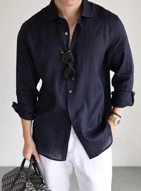 palm city意式100%亚麻色织长袖衬衫休闲商务纯色通勤透气衬衣男