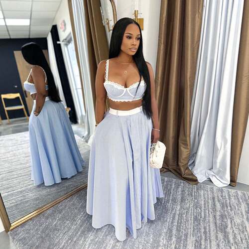 Women Summer Striped Lace Patchwork Fitted Crop Waist Skirt