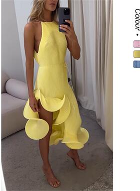 Lotus leaf edge summer style sleeveless lace up dress