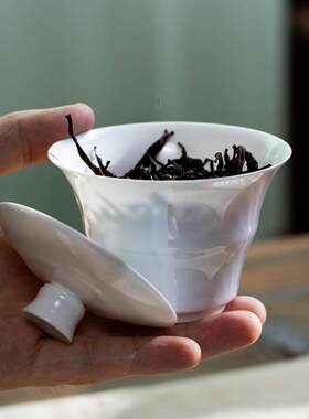 潮州盖碗超薄胎骨瓷竹节文人泡茶器不烫手透光单丛茶三才白瓷功夫