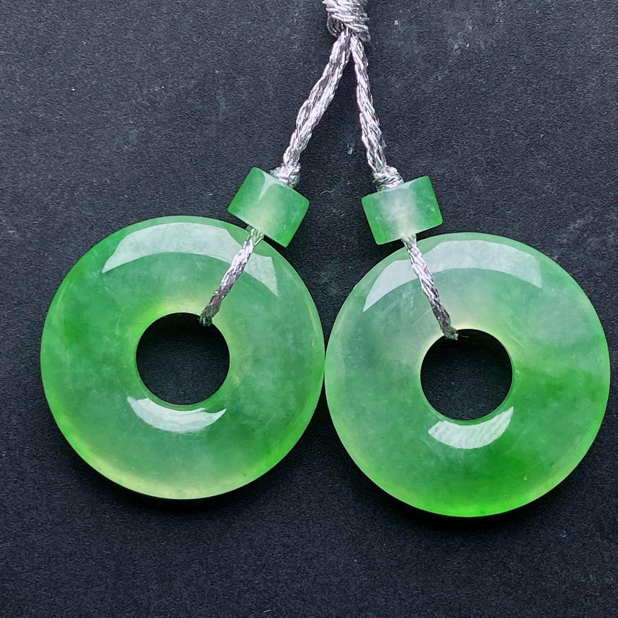 缅甸天然翡翠a货冰绿甜甜圈耳坠一对镶嵌jc裸石15.3-3.1mm