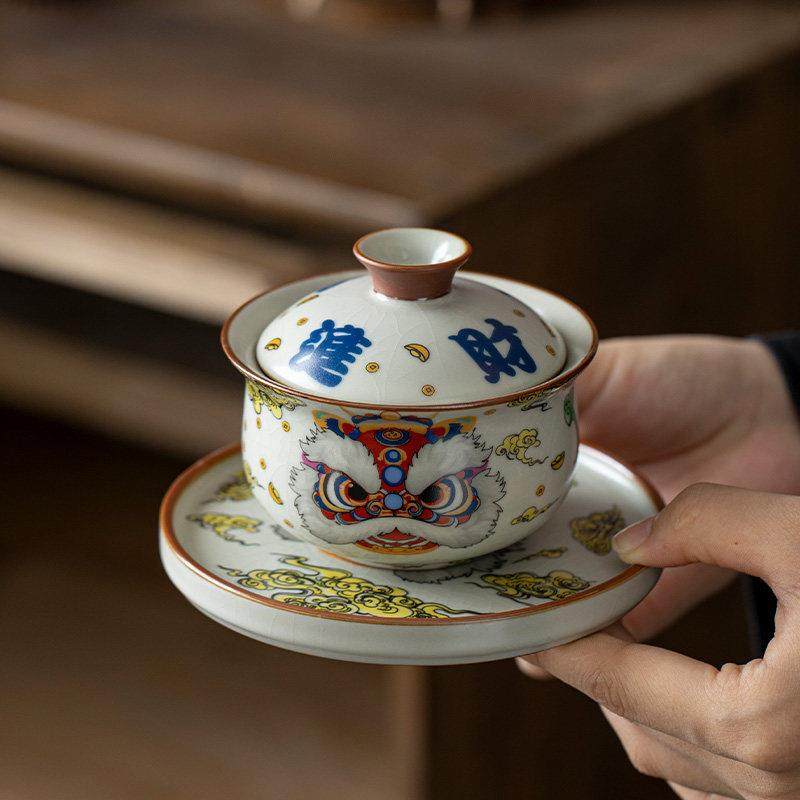 汝窑国潮醒狮布袋三才盖碗悬停旋转茶杯泡茶单个高档功夫陶瓷茶具,餐饮具,盖碗,淘宝优惠券,粉丝福利购,淘宝优惠卷