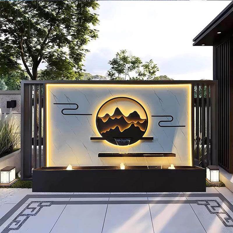 个性新中式不锈钢户外迎门深咖色屏风园林庭院别墅影壁流水景观墙