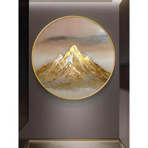 圆形金山发财树入户玄关装饰画现代轻奢客厅过道走廊挂画带灯壁画