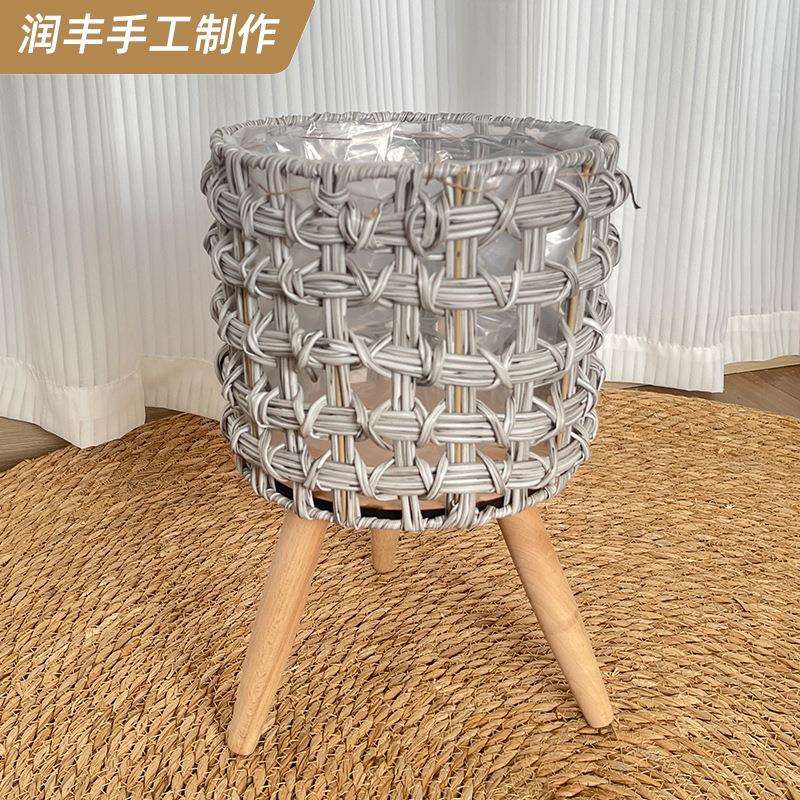 跨境热销创意藤编草编花篮木质高花架落地式室内客厅装饰绿萝花盆