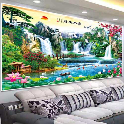 蒙娜丽莎十字绣2021新款客厅流水生财山水画风景迎客松大气自己绣