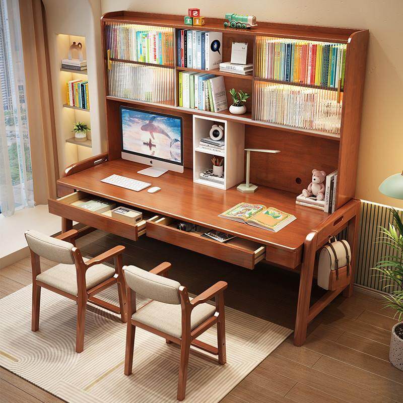 实木橡木双人书桌书架一体办公桌客厅并排学习写字桌椅组合电脑桌