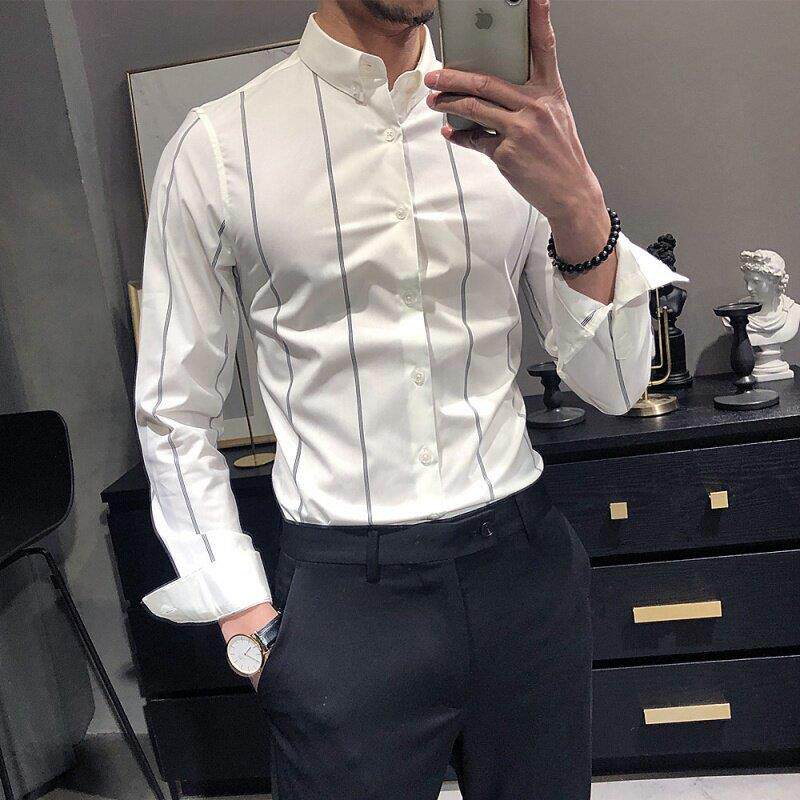 男士衬衫长袖休闲韩版潮流高端商务正装修身免烫高级感条纹男衬衣