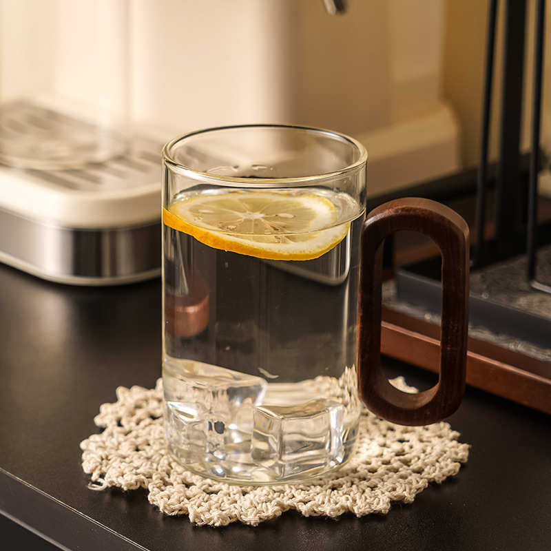 新款简约轻奢风家用玻璃杯木把组合套装泡茶喝水水杯乔迁礼品批发