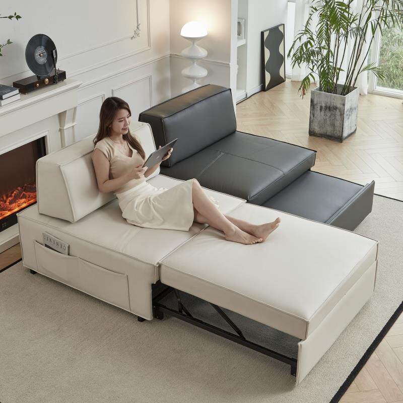 北欧轻奢风单人皮艺沙发床折叠客厅多人小户型两用设计师布艺沙发