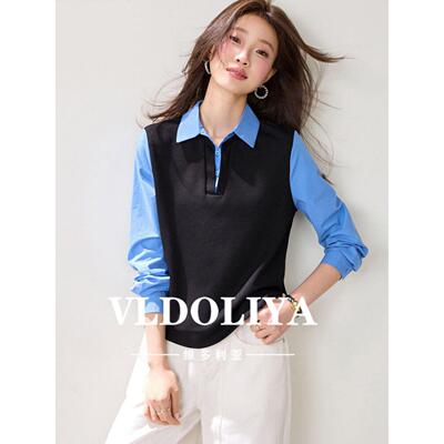 VLDOLIYA维多利亚假两件撞色翻领长袖t恤女装2026春季新款上衣