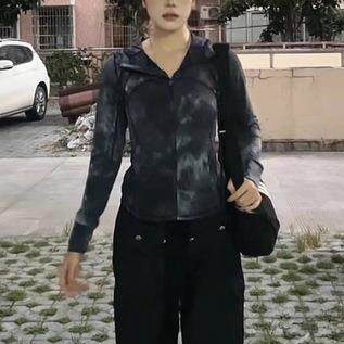 跨境弹力收腰健身紧身上衣瑜伽服连帽网纱拼接运动长袖拉链拉链衫