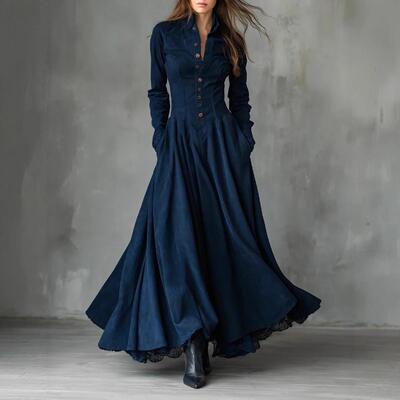 Imitation suede lace edge patchwork shirt long skirt dress