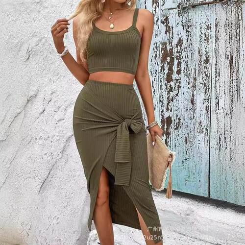 Women's Solid Ribbed Wrap Skirt Set  Casual Crop Cami Top &