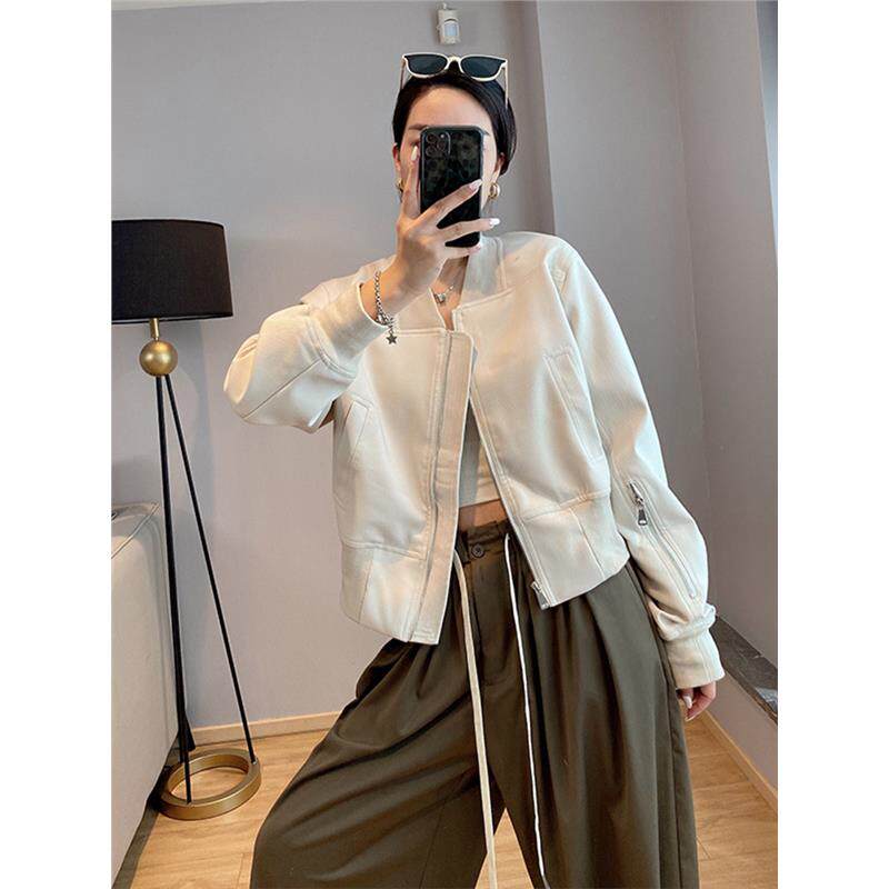 韩国米白色短款棒球服拉链外套女春秋新款休闲运动夹克冲锋衣上衣