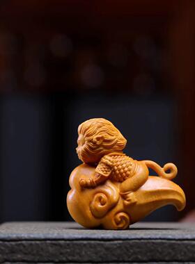 黄杨木崖柏木雕刻创意汽车桌面摆件悟空精斗云小摆件男士随身把件