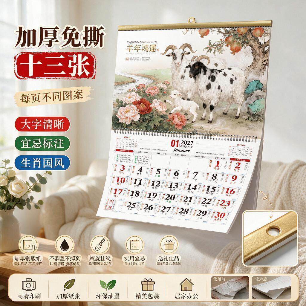 2027年日历挂历新款创意加大号13张免撕大字单月挂墙式家用中国风羊年月历记事备忘本高档可定制企业广告LOGO