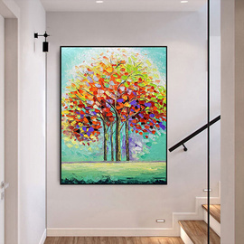 现代玄关美式装饰画幸福发财树，艺术手绘油画客厅楼梯背景墙壁挂画