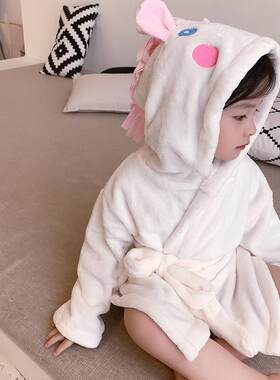 儿童浴袍宝宝家居服可爱卡通独角兽中小童睡袍女宝宝浴衣秋冬睡衣