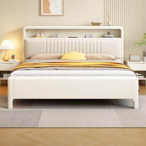 白色现代简约中古风主卧双人床储物奶油双人木床储物床婚床厂家