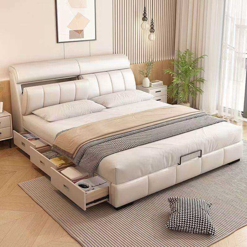 轻奢奶油风真皮床主卧高端大气双人大床现代简约多功能储物床婚床