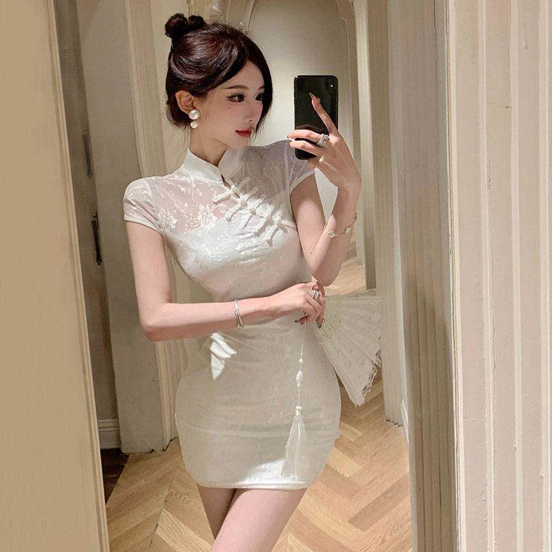 现场直播女主播服装上镜高端年轻风格短袖性感白色蕾丝改良版旗袍