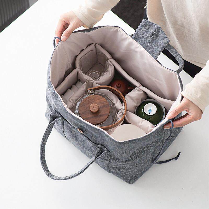 整套旅行茶具收纳包超大号家用户外可携式茶具大容量彷麻纤维布艺