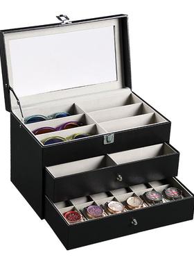 高档梦冉12位屉手表盒3层眼镜收纳盒抽首饰盒太眼镜饰藏品收盒阳