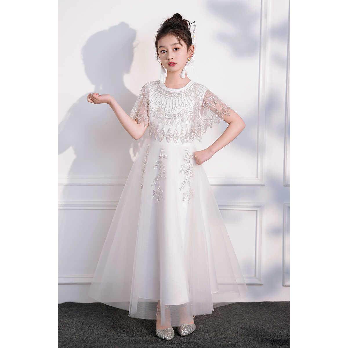 高档持儿童古筝演出服童舞台表演色白公主生日裙小主女人钢琴演奏