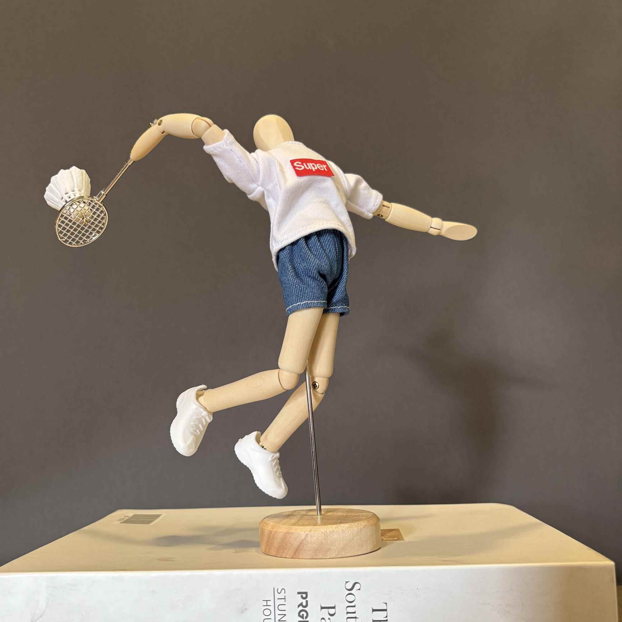 梧棣木人创意羽毛球主题装饰摆饰精致羽毛球礼品木偶人关节可动