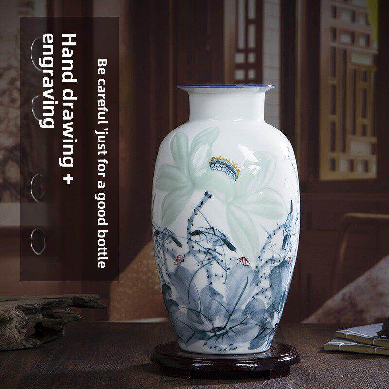 采购产品景德镇陶瓷花瓶装饰品,客厅插花,手绘莲花瓷器,现代中