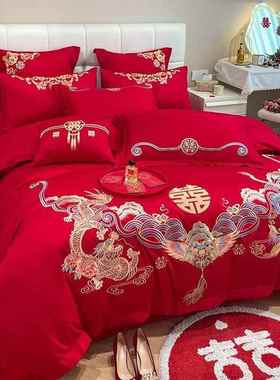 婚庆件套式龙凤结中婚大床红色TOE单被套四喜被床上用品一件