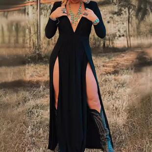 Elegant Womens Maxi Dress Comfortable Polyester VNeck with