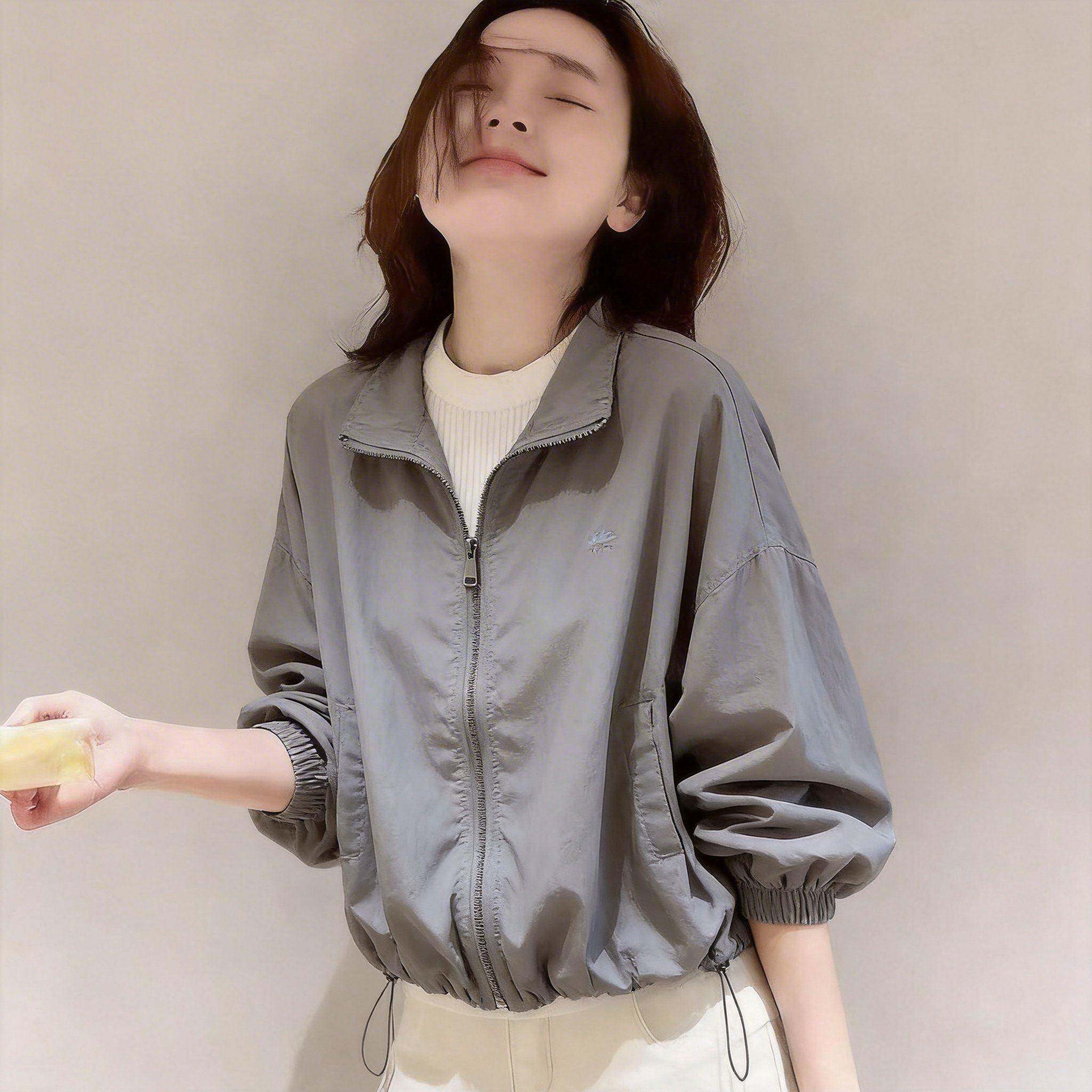 韩国立领刺绣户外防晒衣女春夏显瘦轻薄休闲抽绳冲锋衣外套皮肤衣
