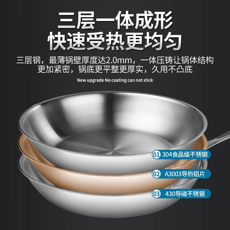 牛排煎锅304三层钢一体拉伸成型特厚锅身单底平底无涂层煎盘商用