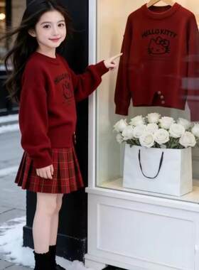 女童红色卡通毛衣格子加绒阔腿裤套装冬装2025新款毛呢半身裙年服